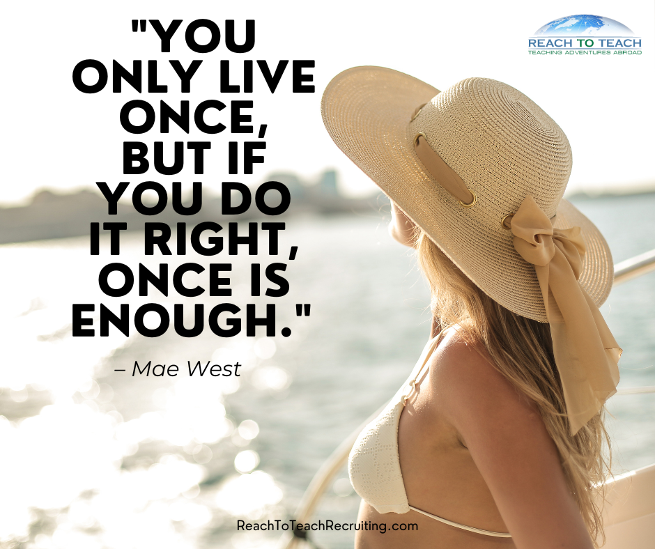 Mae West quote with image of a girl at the beach wearing a hat and a white bikini.