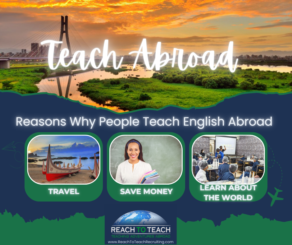 Teach English Abroad with Reach To Teach Recruiting. The banner image features images of Taiwan and teachers in their classrooms.
